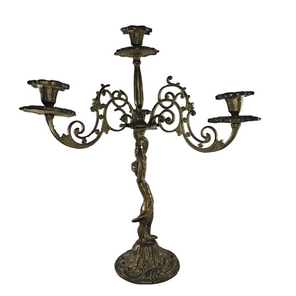 Antique Victorian Cherub Candelabra Brass Cast Metal 3 Arms Candle Holder - Picture 7 of 12